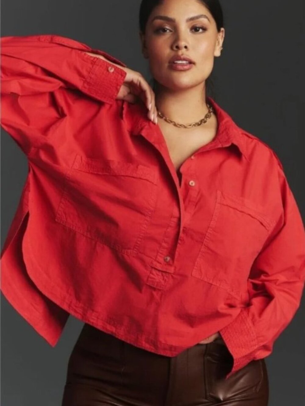 Pilcro for Anthropologie Placket Back-Slit Red Button-Down Shirt
